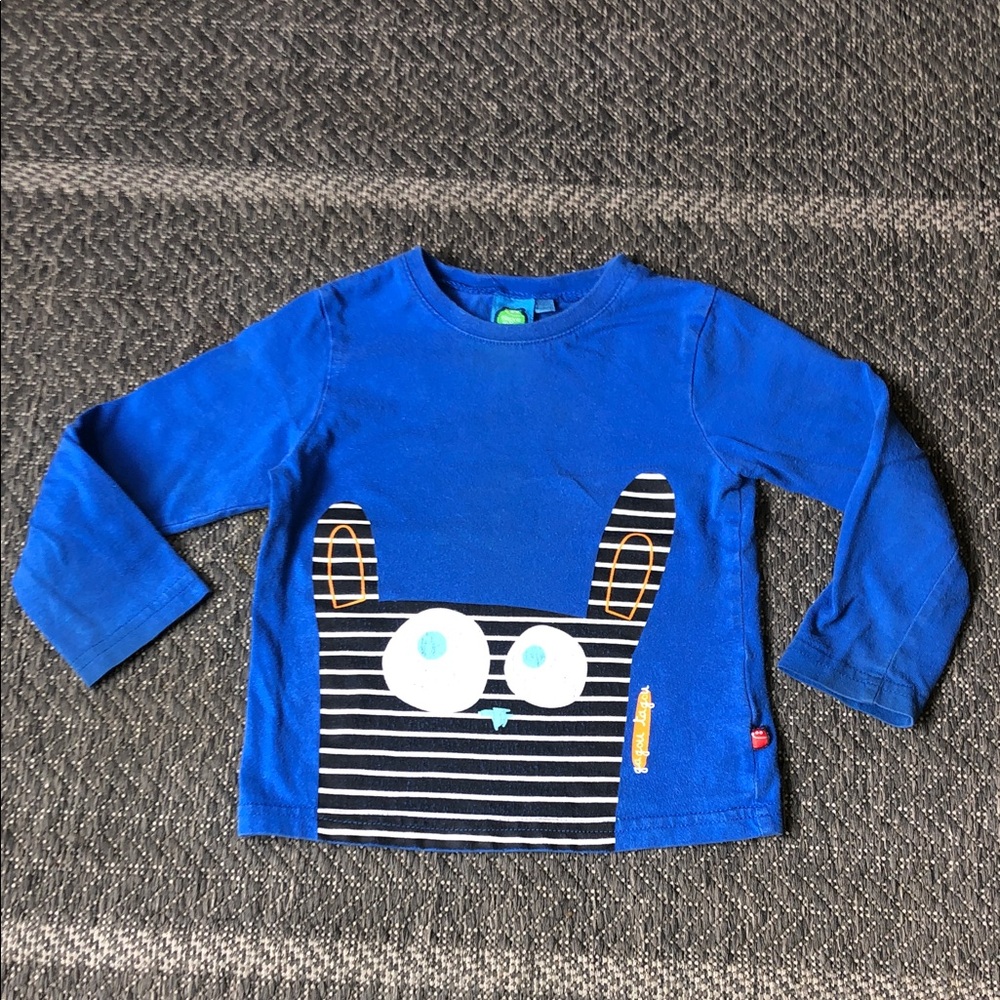 Bright Blue Long-Sleeve Kids Graphic Tee with Playful Monster